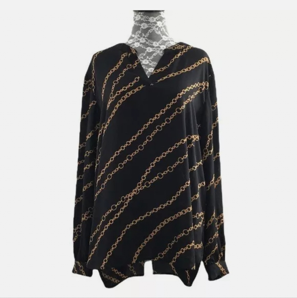 ANNE KLEIN Black Gold Chain Popover Blouse